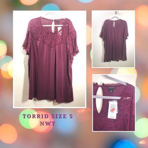 Torrid Blouse size 5 plum top with lace design NWT